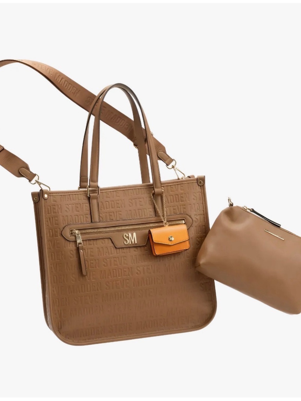 Steve Madden Tan Embossed Tote with Orange Charm & Pouch